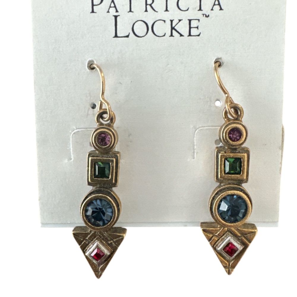 Patricia Locke Earrings Dangling 24 K Gold Plate signed Swarovski crystals New